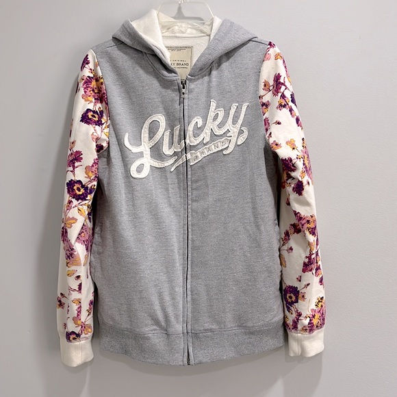 Lucky Brand Girls' Plush Lined Hoodie Jacket Gray L 14 / 16 Zipper Floral Beige - Picture 2 of 7